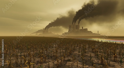 Industrial pollution affects cityscape with factory smoke and people in field