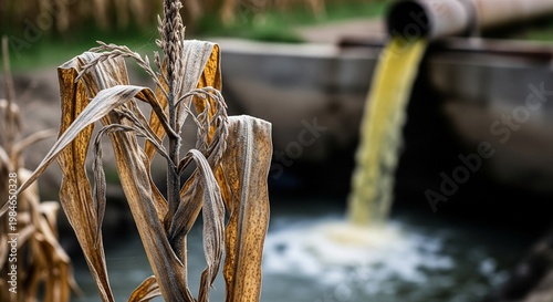 Industrial pollution affects corn plants near a polluted water source outdoors