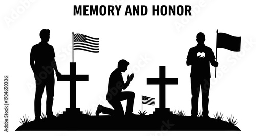 Silhouettes of people honoring fallen soldiers at a memorial with American flags