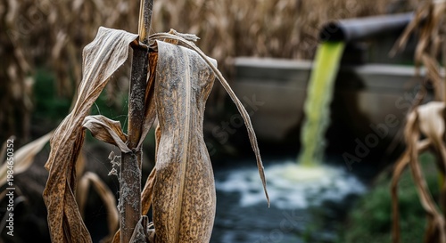 Industrial pollution flows through a cornfield causing environmental damage nearby