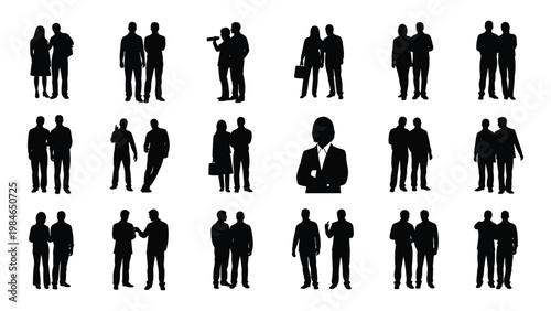 A collection of black silhouettes depicting diverse groups of business professionals in various poses high quality