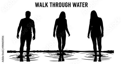 Silhouettes of people walking through water creating ripples and splashes
