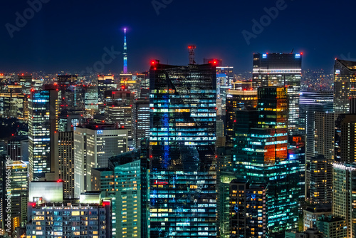 東京都港区 六本木ヒルズから望む六本木の高層ビル群と東京スカイツリーの見える夜景