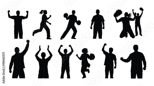 A collection of silhouettes depicting people celebrating cheering and actively participating in sports high quality professional