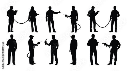 Silhouette collection depicting various professionals using testing or inspection equipment high quality professional detailed modern elegant