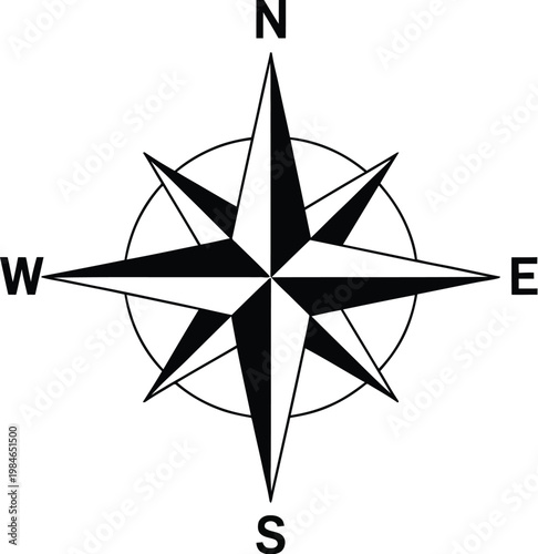 Compass rose direction symbol vector, clean minimalist north south east west icon representing navigation guidance mapping and directional signage design.