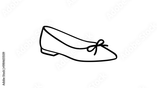 Minimalist vector illustration of a classic women's ballet flat shoe with a bow detail. This elegant black and white line icon represents stylish footwear, fashion, and apparel design elements.