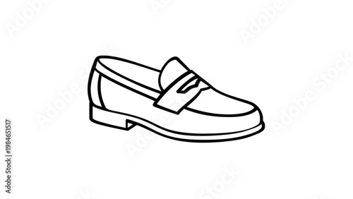 Minimalist vector icon illustration of a classic men's loafer shoe. This elegant black and white line art depicts a stylish slip-on moccasin, perfect for fashion, footwear, and apparel design.