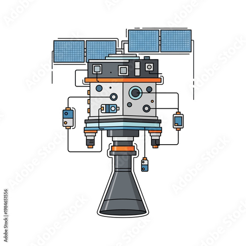 Satellite Rocket Engine with Solar Panels - Flat Design Illustration