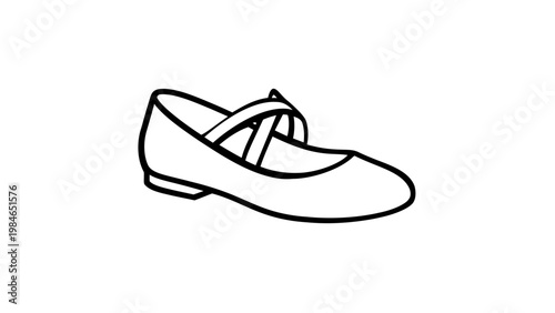 Minimalist ballet flat shoe vector icon illustration. Simple black and white line art of a Mary Jane style footwear with criss-cross straps, perfect for fashion, retail, and apparel design.