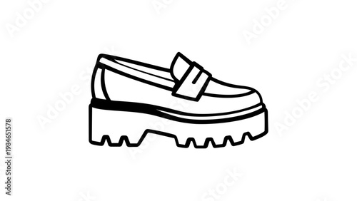 Black and white minimalist moccasin line icon vector illustration. Stylish chunky sole loafer shoe design for fashion, footwear, and apparel concepts. Scalable AI-generated flat graphic.