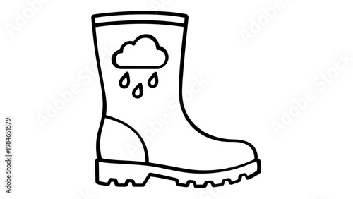 Minimalist rubber rain boot vector icon illustration featuring a cloud and raindrops motif. Scalable flat line art design perfect for weather, autumn fashion, gardening, and footwear themes.