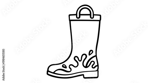 Minimalist black and white vector illustration of a rubber rain boot line icon with a handle and splash pattern, perfect for weather, gardening, or outdoor footwear designs. Scalable flat art.