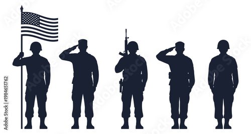 Silhouettes of soldiers with American flag during patriotic tribute in stark contrast