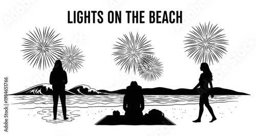 Silhouettes watching fireworks explode over a serene beach landscape at night