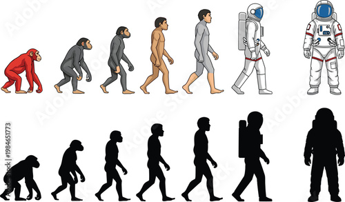 Human Evolution from Ape to Astronaut with Space Exploration Concept, Progression Timeline Vector Illustration Showing Development from Primitive to Advanced Technology Era.