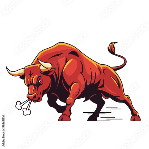 Aggressive Red Bull Charging Forward, Exhaling Steam, Dynamic Cartoon Illustration