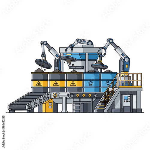 Automated Hazardous Waste Processing Plant with Robotic Arms and Conveyor Belt