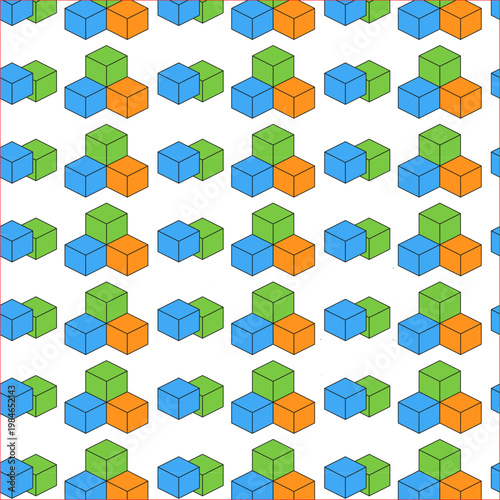 Cube Block Pattern: A modern geometric pattern showcases repeating clusters of vibrant, interconnected cubes.