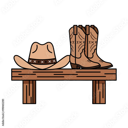 Cowboy Hat and Boots on Wooden Bench
