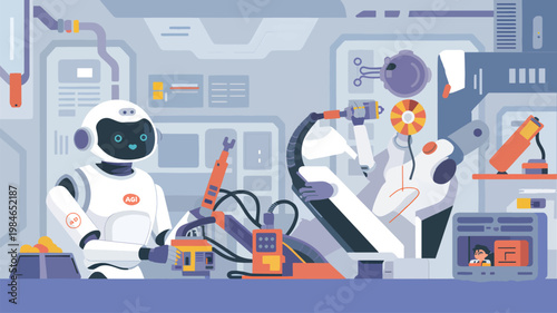 White humanoid robot working with a mechanical arm in a futuristic laboratory with a blue background