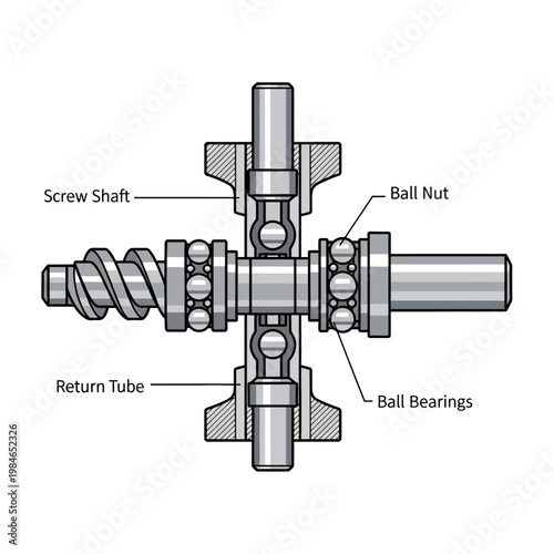 Ball Screw Mechanism Diagram: Screw Shaft, Ball Nut, Bearings, Return Tube