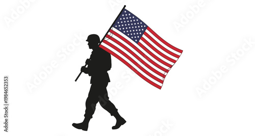 Soldier silhouette carrying American flag with rifle in a patriotic procession
