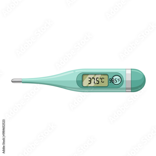 Digital Thermometer Showing Fever Temperature 37.5?C / 98.5?F on White Background