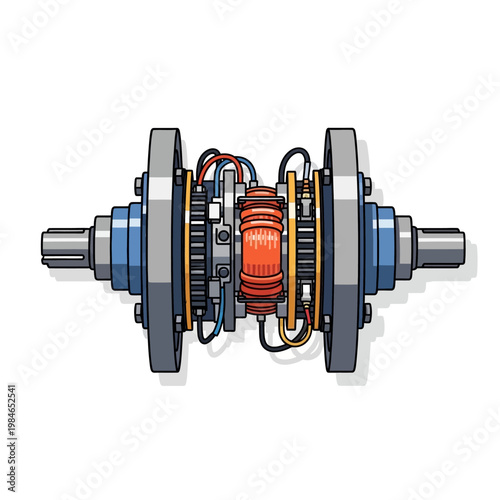 Cross-section of a mechanical gearbox with electrical components, isolated on white.