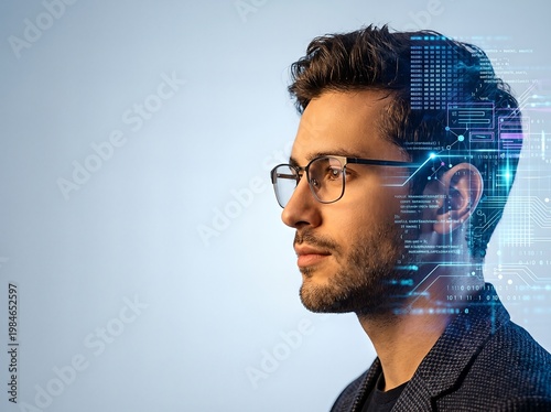 Side profile of a young professional with futuristic digital graphics overlay.