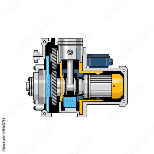 Detailed Cutaway of a Mechanical Engine System: Piston, Gears, and Motor