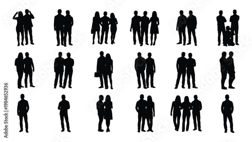A collection of black silhouettes depicting diverse groups and individuals standing closely together high quality professional
