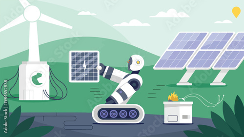 Robot on tracks holding a solar panel in a field with a wind turbine and solar array, flat android
