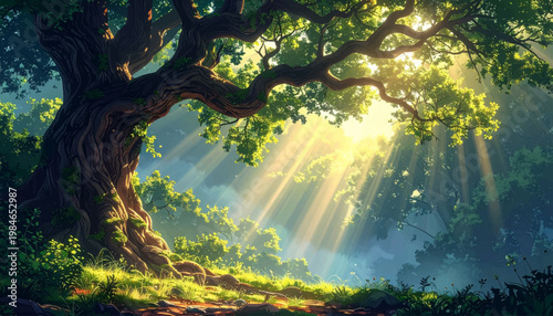 Twisting limbs silhouette against luminous dawn within calm grove. Emerald foliage shadows create peaceful natural atmosphere. Curved branch composition suited travel brochure design