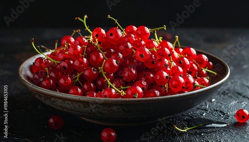 Bowl filled with bright red currants, stems visible, against dark textured background