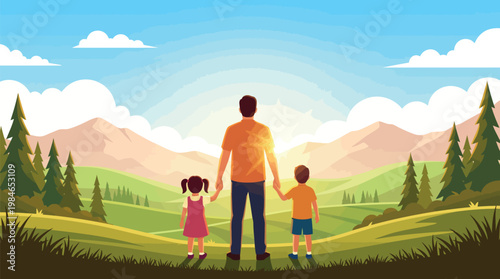 A father and his two children stand in awe of a breathtaking landscape during sunrise. They are holding hands and gazing out over the rolling hills and mountains