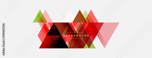 Abstract geometric design. Red, green, pink triangles overlap creating modern background. Minimalist style, clean lines, vibrant colors.
