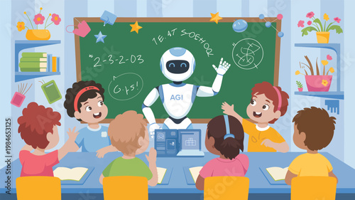 White robot teacher with an AGI label standing at the chalkboard, instructing a diverse group of young