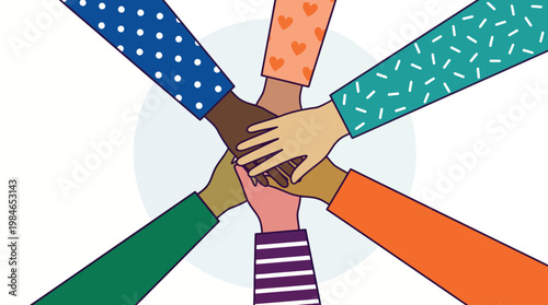 Diverse hands joined together, symbolizing unity and cooperation. A vibrant display of hands coming together in a circle, representing inclusivity and community. The scene conveys a sense of teamwork.