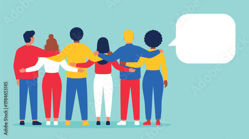 A diverse group of people standing arm in arm. The image displays a sense of togetherness and support, with speech bubble