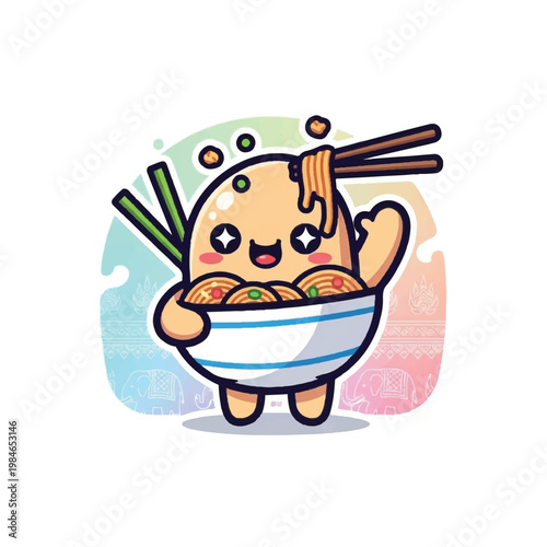 Cartoon character eating noodles happily.