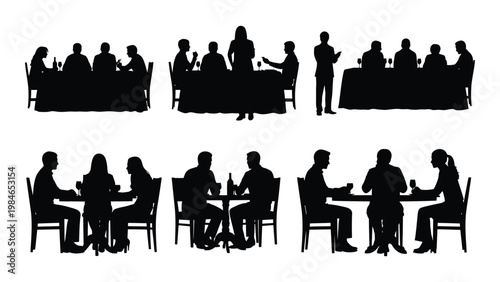 Silhouettes of people dining at tables showcasing a restaurant or event setting with servers high quality
