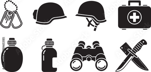 Black and white military set dog tags helmets
