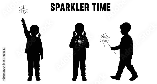 Three children silhouetted holding sparklers during festive celebration on white background