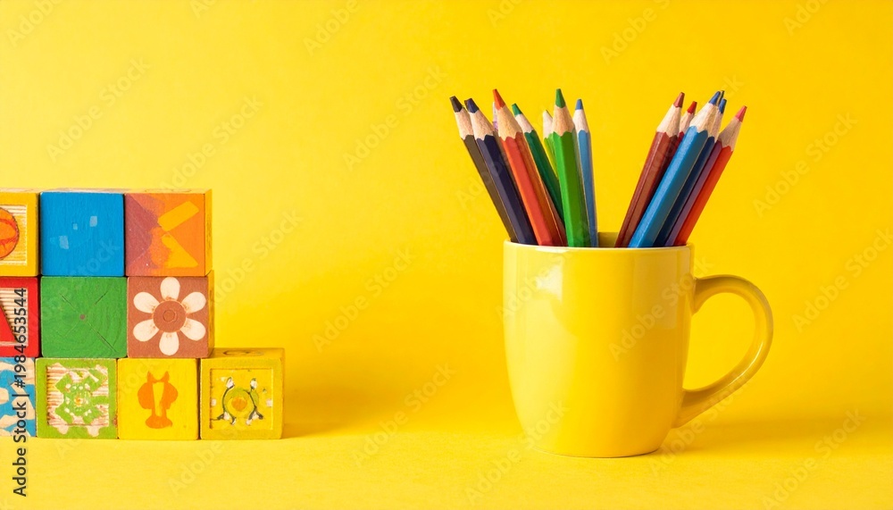 Fototapeta premium Yellow Mug with Colored Pencils and Alphabet Blocks