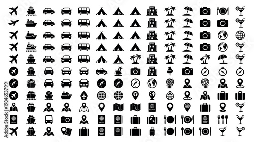 Collection of various travel icons in black color, representing different aspects of travel and tourism