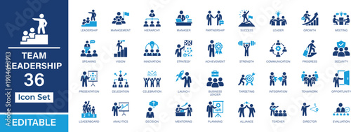 Team Leadership solid icon set. Featuring management, teamwork, strategy, decision making, business leadership, and professional symbols for UI, UX, apps, web, editable and scalable.