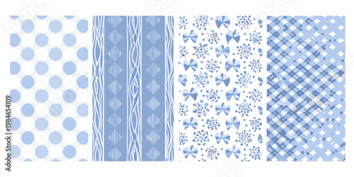 Four blue and white patterned fabric swatches displayed side by side