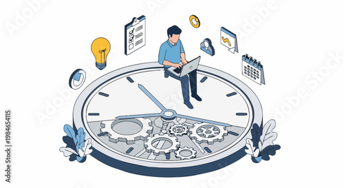 Time Management and Productivity Illustration: Professional Working on Laptop atop a Large Clock with Gears and Business Icons