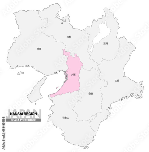 [日本地図] 関西地方の大阪府の府県名入り位置地図